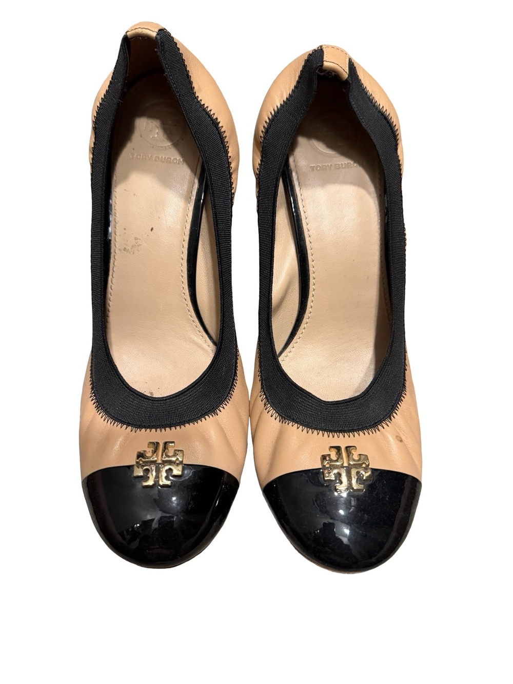 Tory Burch Beige Leather Ballet Flats with Black Patent Cap Toe and Gold Logo